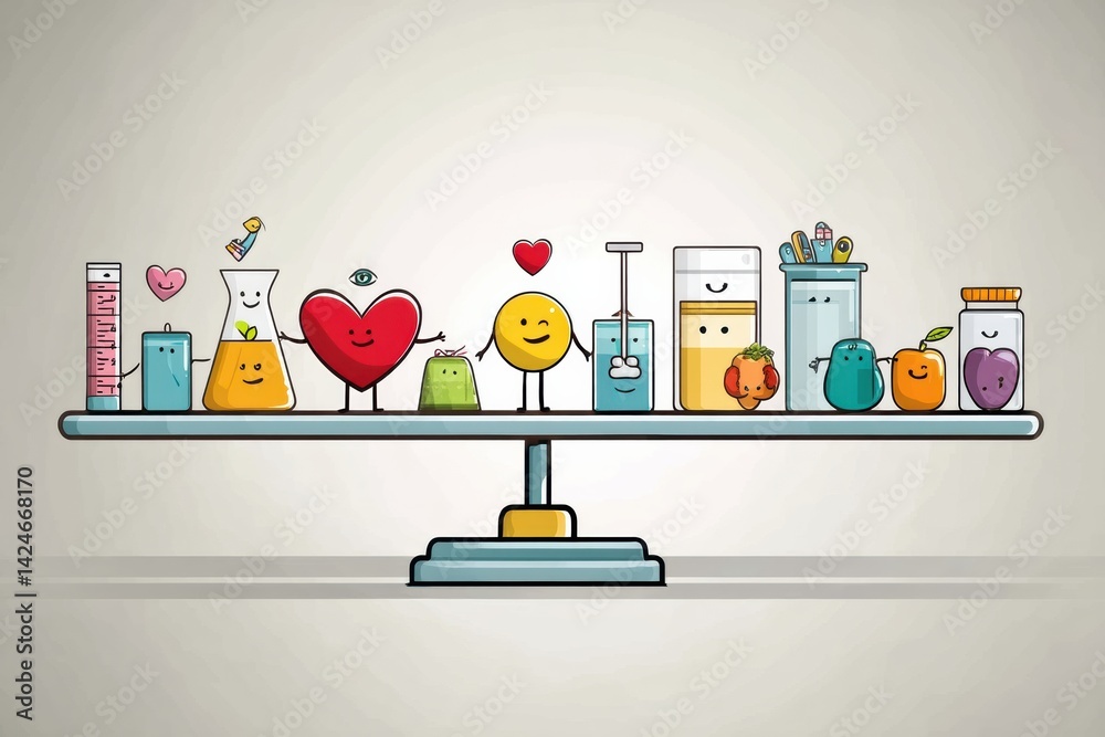 Poster health scale balancing icons representing joy and vitality with various colorful symbols, illustrati