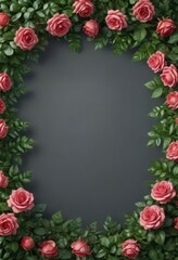 Isolated rose flower, lush green leaves frame, copy space , vintage, floral
