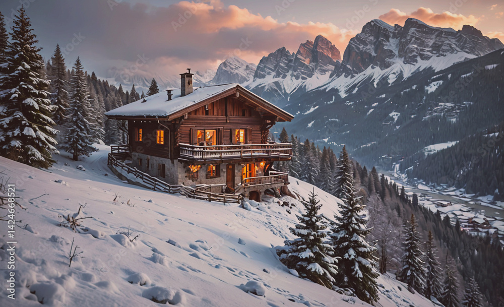 Poster cozy cabin in the mountains with a view of the snow-covered landscape. the cabin is surrounded by pi