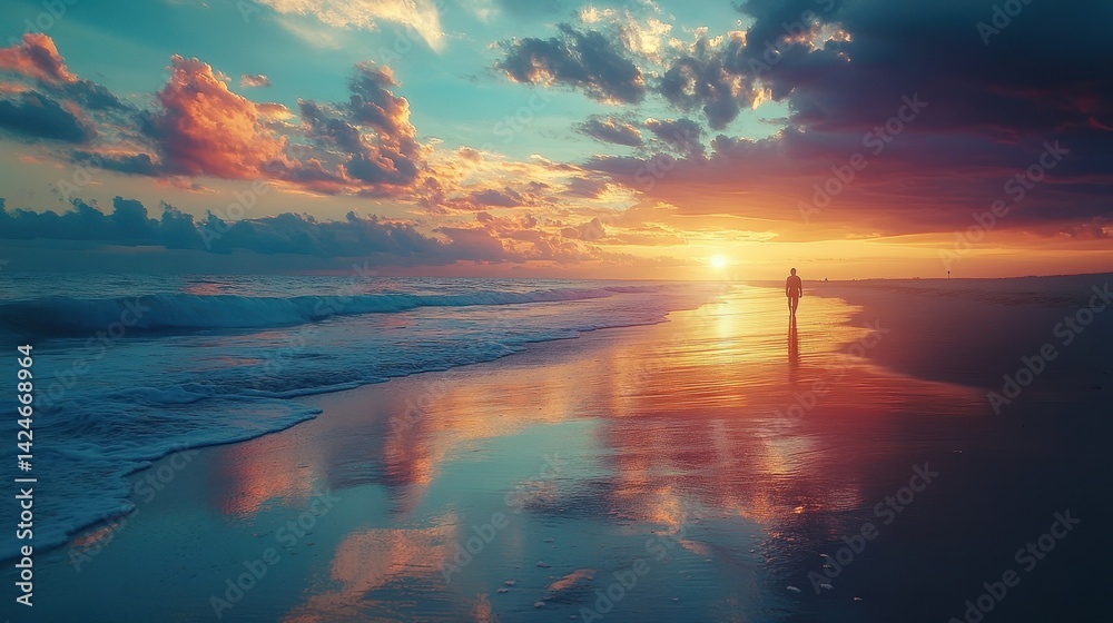 Poster sunset walk along the beach with colorful sky reflecting on the wet sand and a solitary figure enjoy