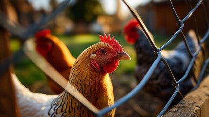 Rare chicken breeds in backyard coop, viewed through wire mesh with shallow depth of field, soft morning glow, peaceful homestead style