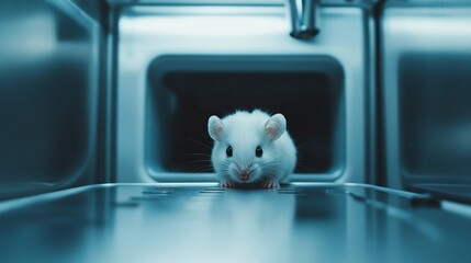 White Laboratory Mouse in Sterile Metal Environment Clean Research Animal Science Experiment Cute Rodent Tiny Mammal Small Creature Medical Study Healthcare Background pet blue grey image photo steel 