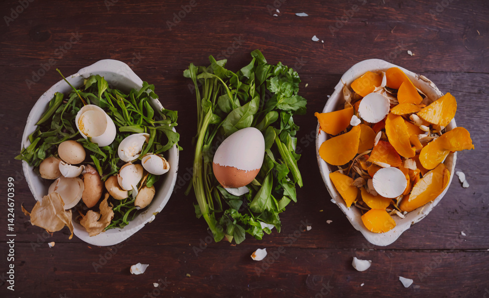 Poster three bowls of food with an egg in the middle. the bowls are filled with vegetables and eggs