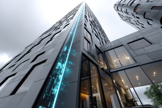 A sleek building design featuring glowing tech motifs and glass surfaces, reflecting a blend of modern architecture and digital art in an inspiring urban environment.