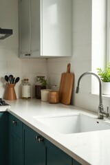 Clean and organized kitchen counter with only a few essential items in the foreground, cooking station, countertop, kitchen tools