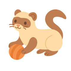 Adorable cartoon ferret playing with an orange ball. Flat vector clipart, isolated on white background.