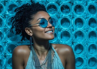 Woman smiles, teal wall background