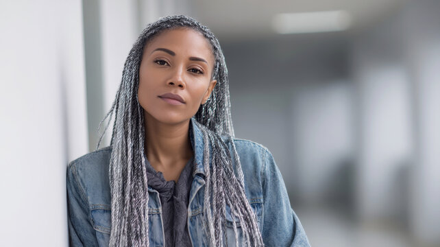 Professional businesswoman with silver braids wearing denim jacket standing near large windows in modern workplace