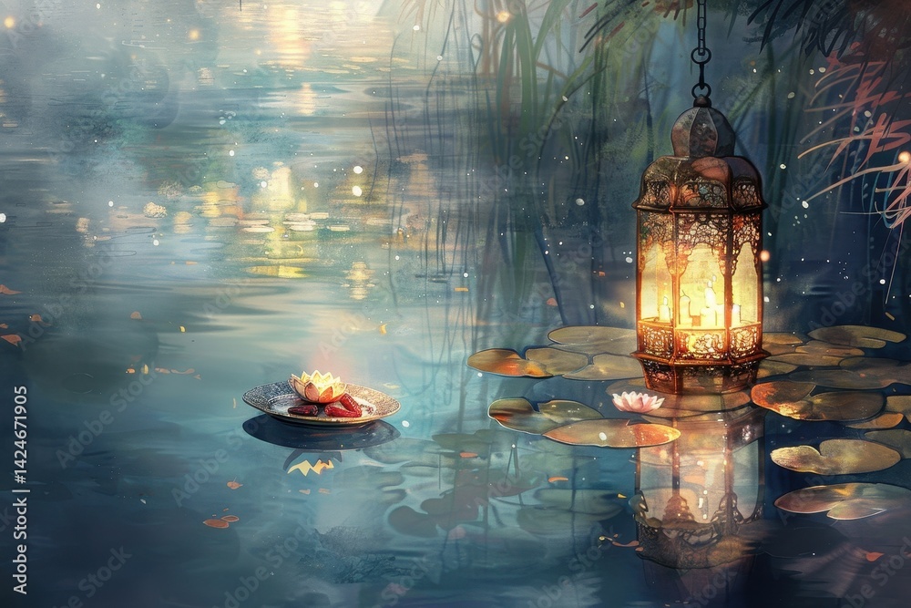 Poster serene evening by a tranquil pond illuminated by a delicate lantern and floating lotus blooms