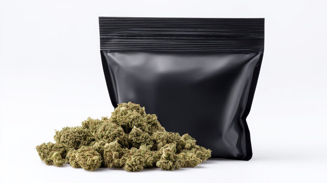 Cannabis buds are spilling out of a black mylar bag, creating a stark contrast against the clean white background