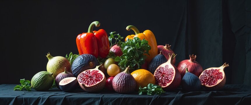 Healthy Food Ingredients Arranged On Dark Background