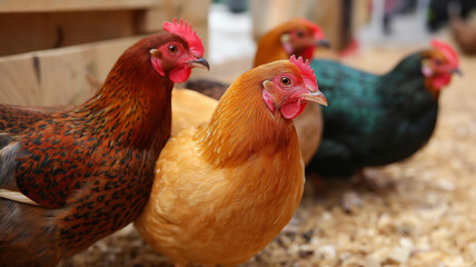 Fototapeta premium Rare chicken breeds in backyard coop
