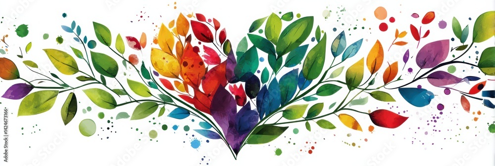 Poster bright colorful heart adorned with vibrant leaves and sparkles representing healthy living and welln