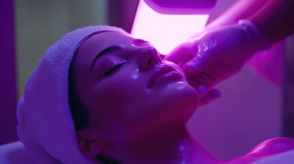 A woman receiving a facial treatment under purple colored light