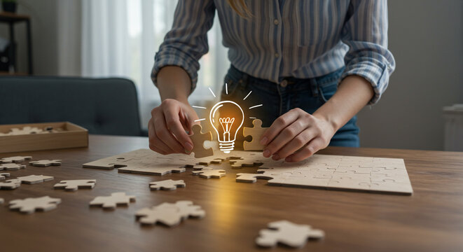 Woman solving puzzle bright idea concept finding solutions innovative thinking creative problem