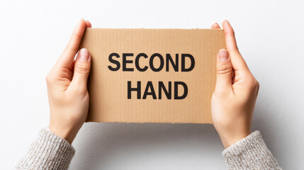 Female hands gripping cardboard sign reading second hand, highlighting sustainable fashion and mindful clothing consumption