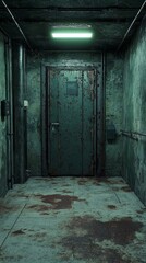 Obraz premium Deserted Underground Bunker: Sealed Corroded Doors, Coolant Stains, Broken Fluorescents. .