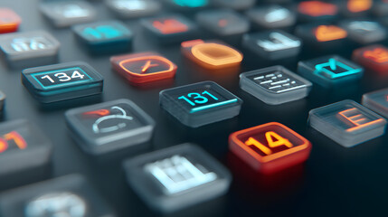 Close-up of colorful digital buttons with various icons and numbers, creating a modern tech vibe.