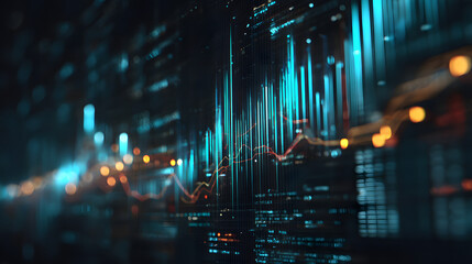 A close-up of a digital data visualization with blue and orange tones, showcasing vibrant graphs and charts against a dark background.