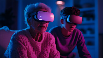 Grandmother and his grandson in VR glasses. Senior man having fun with virtual reality glasses. Old people using new vr technology. Concept
