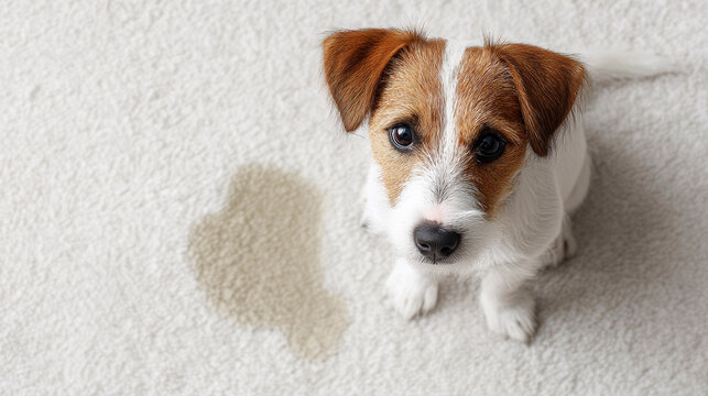Mischievous Jack Russell Terrier puppy sitting beside wet carpet stain, revealing typical house training challenge