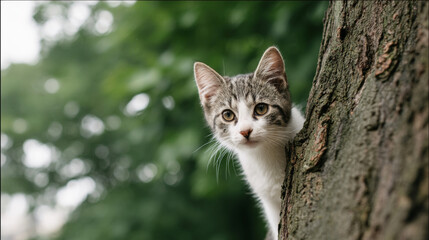 Fototapeta premium Curious kitten hiding near tree trunk, peering out through leafy greenery with playful expression