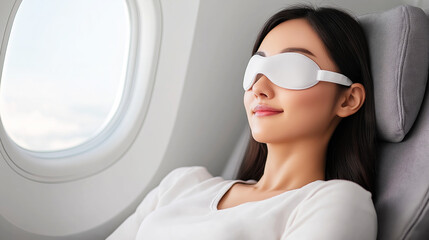Passenger relaxing during air travel wearing eye mask, promoting peaceful and comfortable long haul flights
