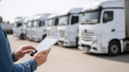 Truck driver checking digital tablet near parked semi trucks under bright sunlight at transportation depot