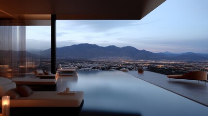 Fototapeta premium Panoramic infinity pool overlooking mountain city skyline. Luxury modern architecture with outdoor living space