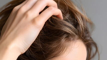 Fototapeta premium A close-up of a woman's hand running through her tousled hair, capturing a moment of relaxation and self-care.