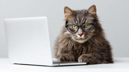 Intelligent grey cat typing on laptop, wearing glasses while working at minimalist white desk