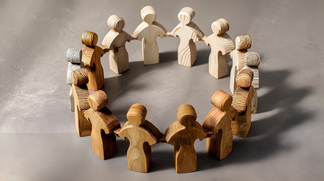 A diverse group of wooden figurines standing in a circle, symbolizing unity and connection.