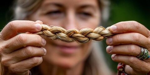 Person holding a braided strand, showcasing the intricate weave. The natural colors are warm