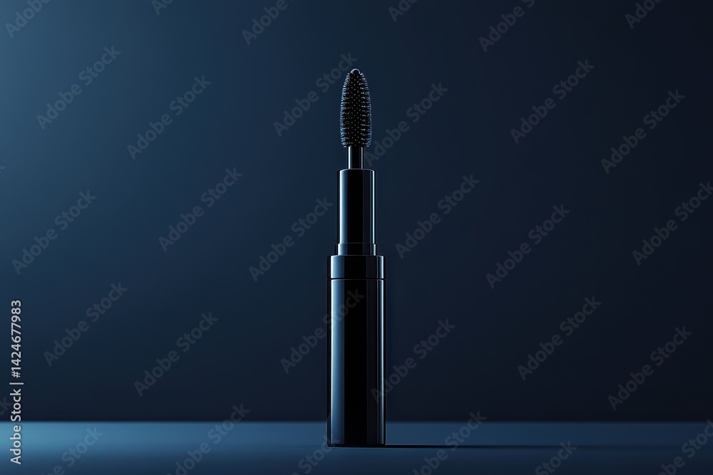 Poster close-up of a mascara tube standing upright on a white surface, illuminated by sunlight filtering th