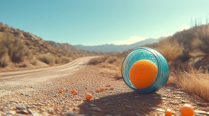 Obraz premium Orange sphere in glass on desert road