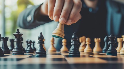 A person is playing chess moving a white piece carefully