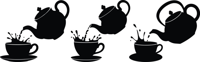 Silhouette Teapot Pouring Tea into Cup Vector Splash Illustration.