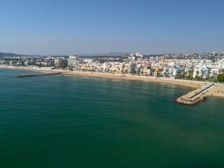 Fototapeta premium Aerial view with drone of sitges beach