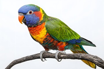 a colorful parrot with rainbow feathers and detailed plumage sits perched on a branch, showcasing its exotic beauty and tropical charm