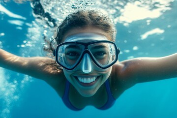 Naklejka premium A dense school of silver fish swims next to her. Bright commercial style image. A attractive and sexy happy caucasian young woman with medium hair with a happy face snorkeling among the cora.