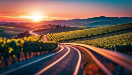 Picturesque road leading through vineyard at stunning sunset landscape view