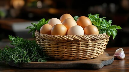 Fresh eggs in a basket with herbs