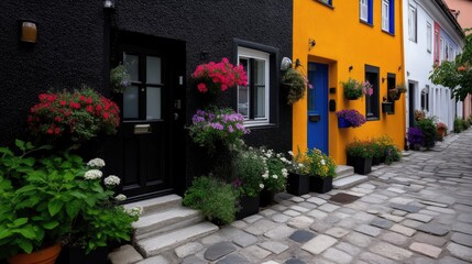 Fototapeta premium Colorful European Townhouses with Hanging Flower Baskets