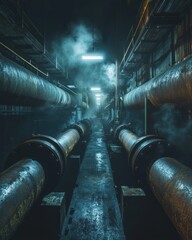 Forgotten Underground Pipeline Facility: Broken Leaking Valves, Rust-Coated Pipes, Neon Glow. .