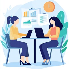 Vector illustration of two business women working in office. Teamwork concept.
