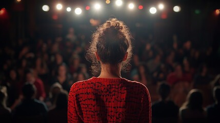 Woman Speaker on Stage Bright Lights Audience Red Sweater Performance Presentation Public Speaking Event Theater Show Back View Spotlight Dramatic Professional Confident Successful Motivational       