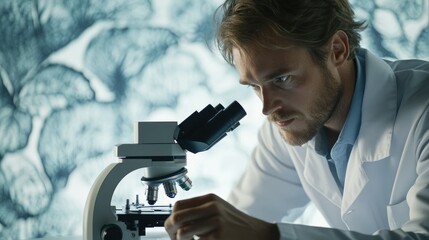 A scientist meticulously examines a sample under a microscope in a laboratory setting.