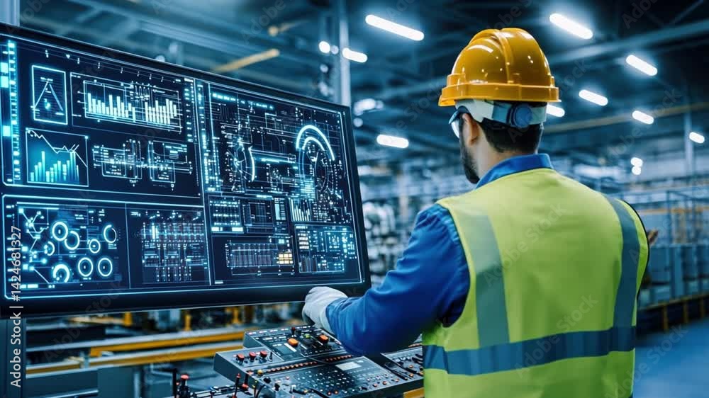 Poster industrial worker monitoring a large screen displaying real-time data in a factory.