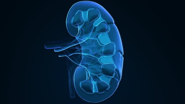 Camera zooms into blue hologram of a kidney. Semi transparent virtual kidney 3D animation. Close up.