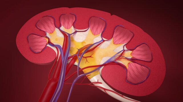 Kidney stone inside a cross-section of a kidney. Stones moves through the kidney. Close up, 3D animation of a medical condition.